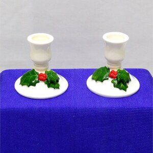 Lillian Vernon Ceramic Holiday Candle Holders With Holly & Berries Design EUC